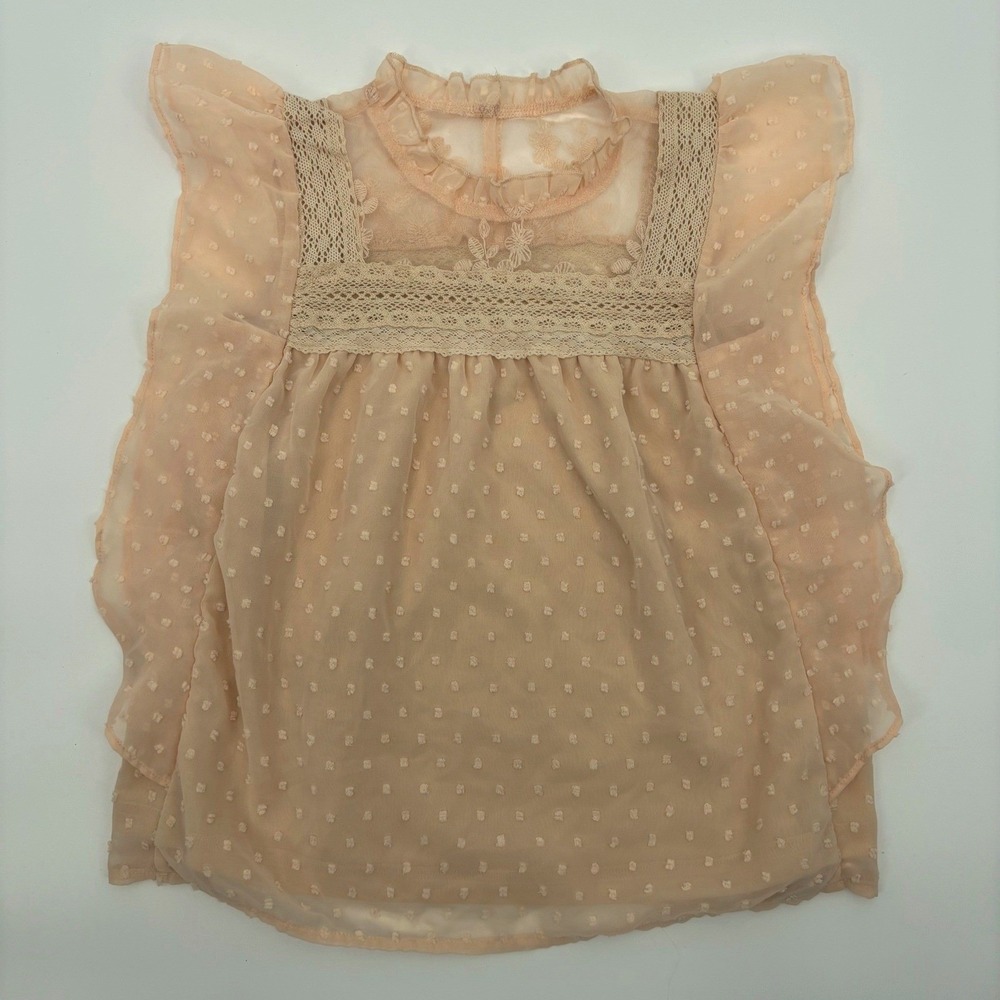 Swiss Dot Blouse Womens Medium Peach Lace Ruffle Victorian Cottagecore Romantic